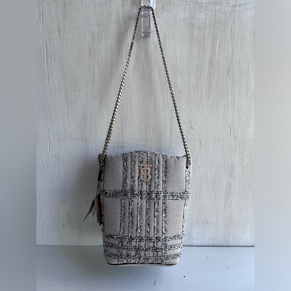 BURBERRY Lola Needle Punch Check Canvas Small Bucket Bag- Black and White - Picture 4 of 13
